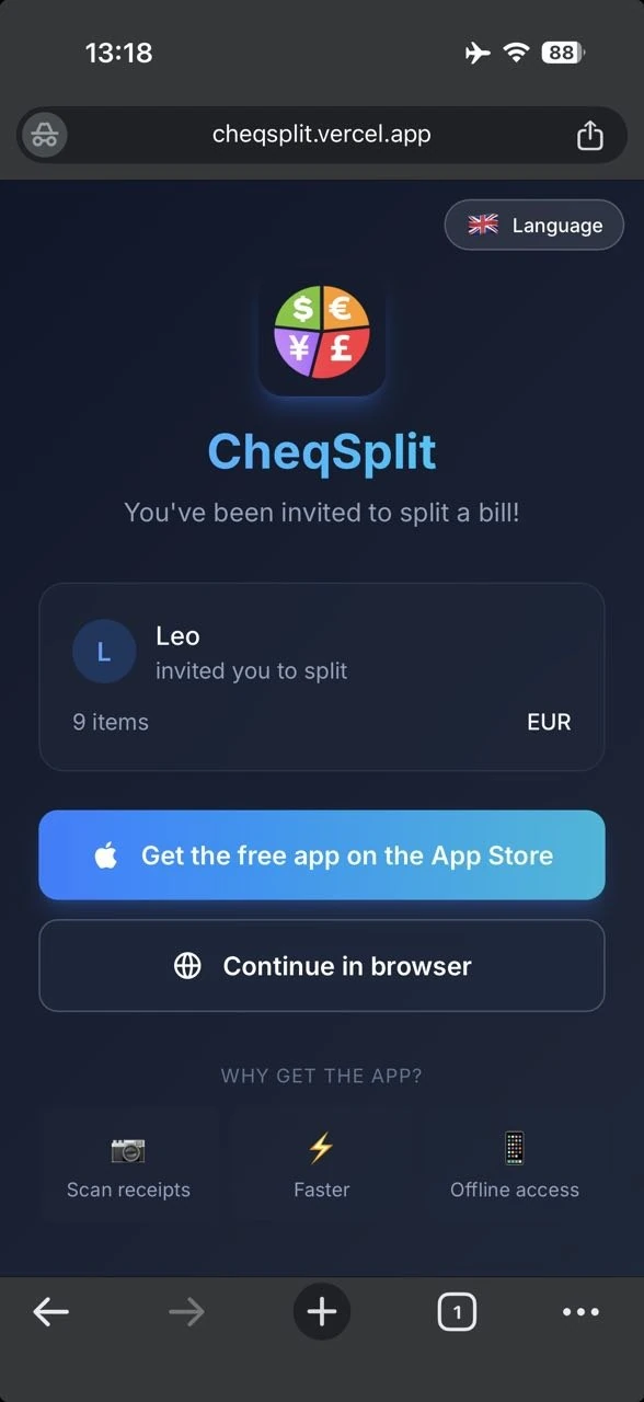 CheqSplit invitation page with Get the free app on the App Store and Continue in browser