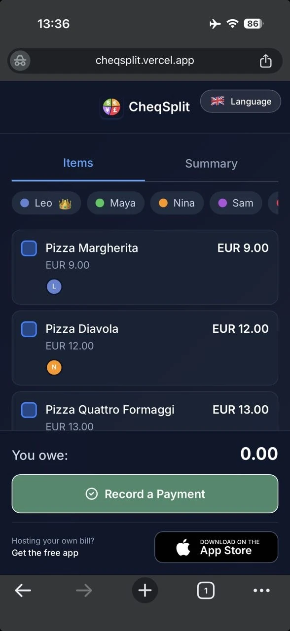 Selecting restaurant bill items in the CheqSplit browser view