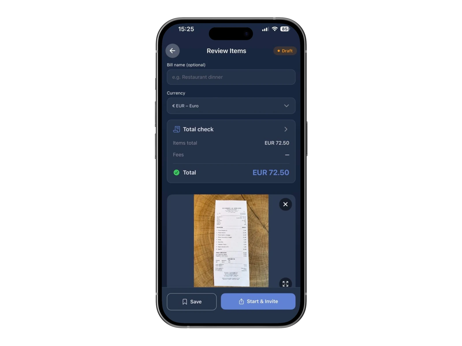 Reviewing the detected restaurant bill total and currency