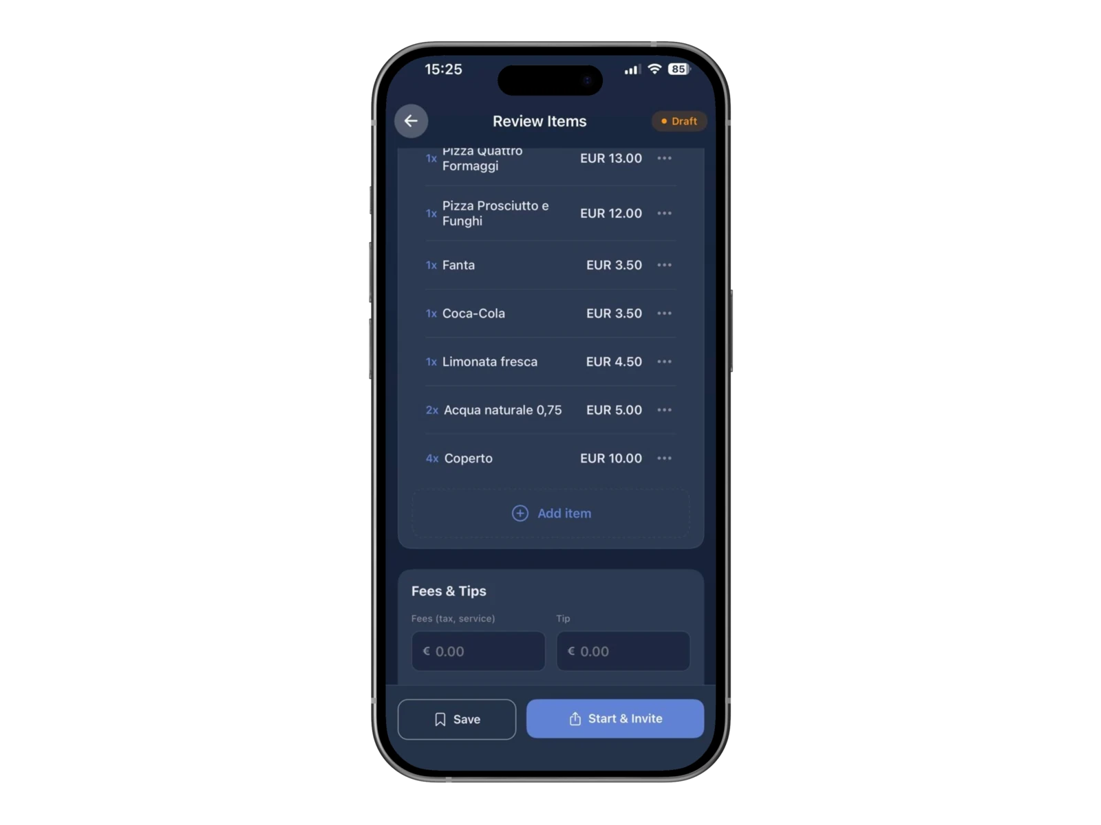 Reviewing restaurant bill items, prices, and Fees & Tips before sharing